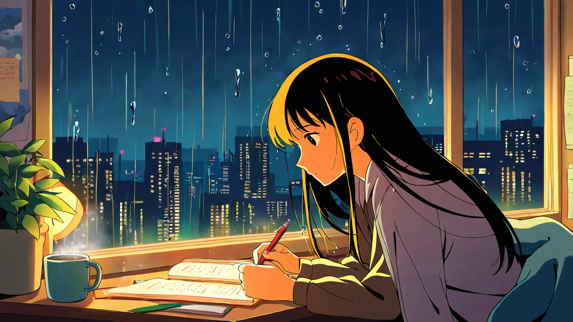 girl studying rainy window lofi wallpaper