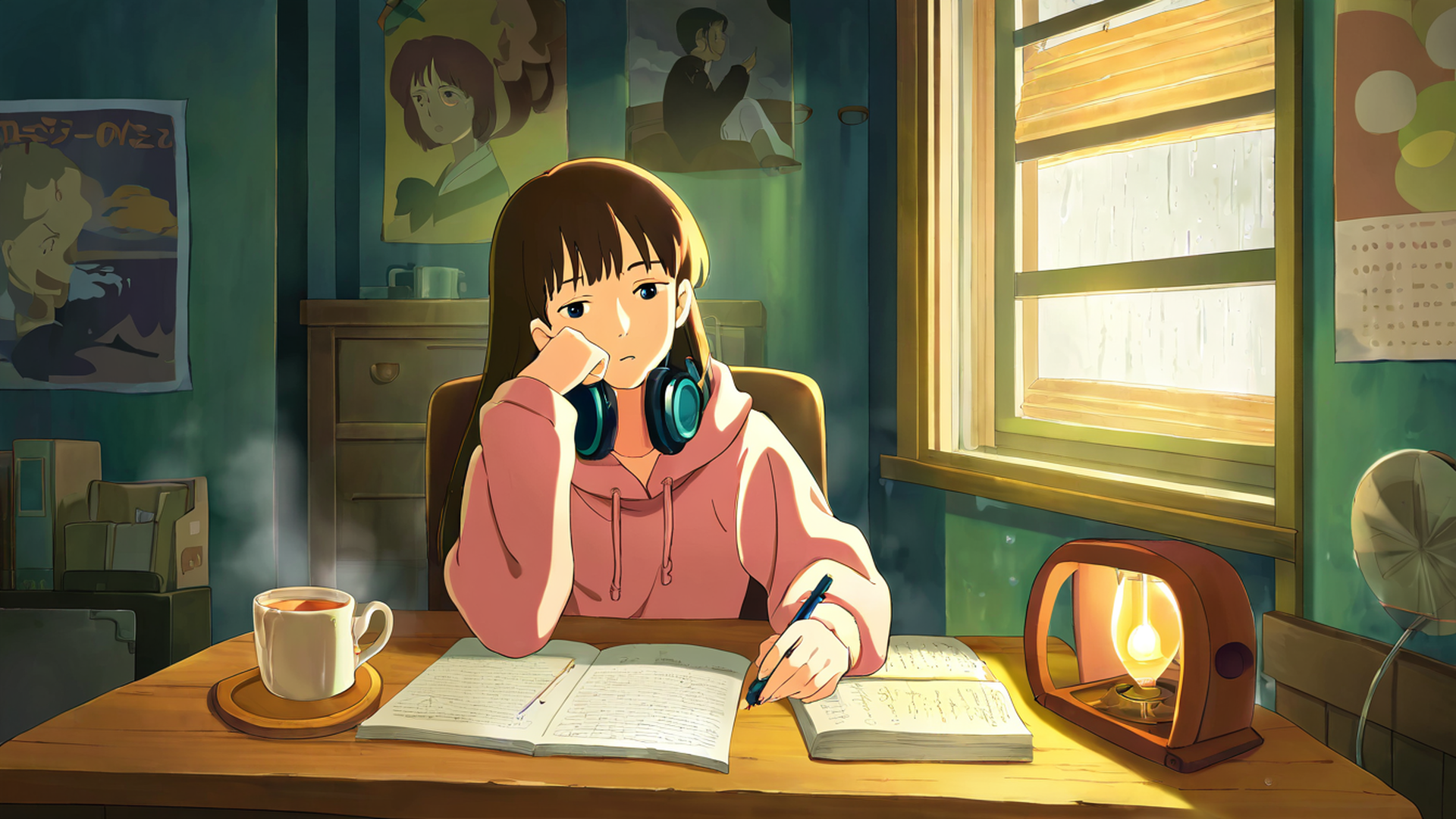girl studying rainy window lofi wallpaper