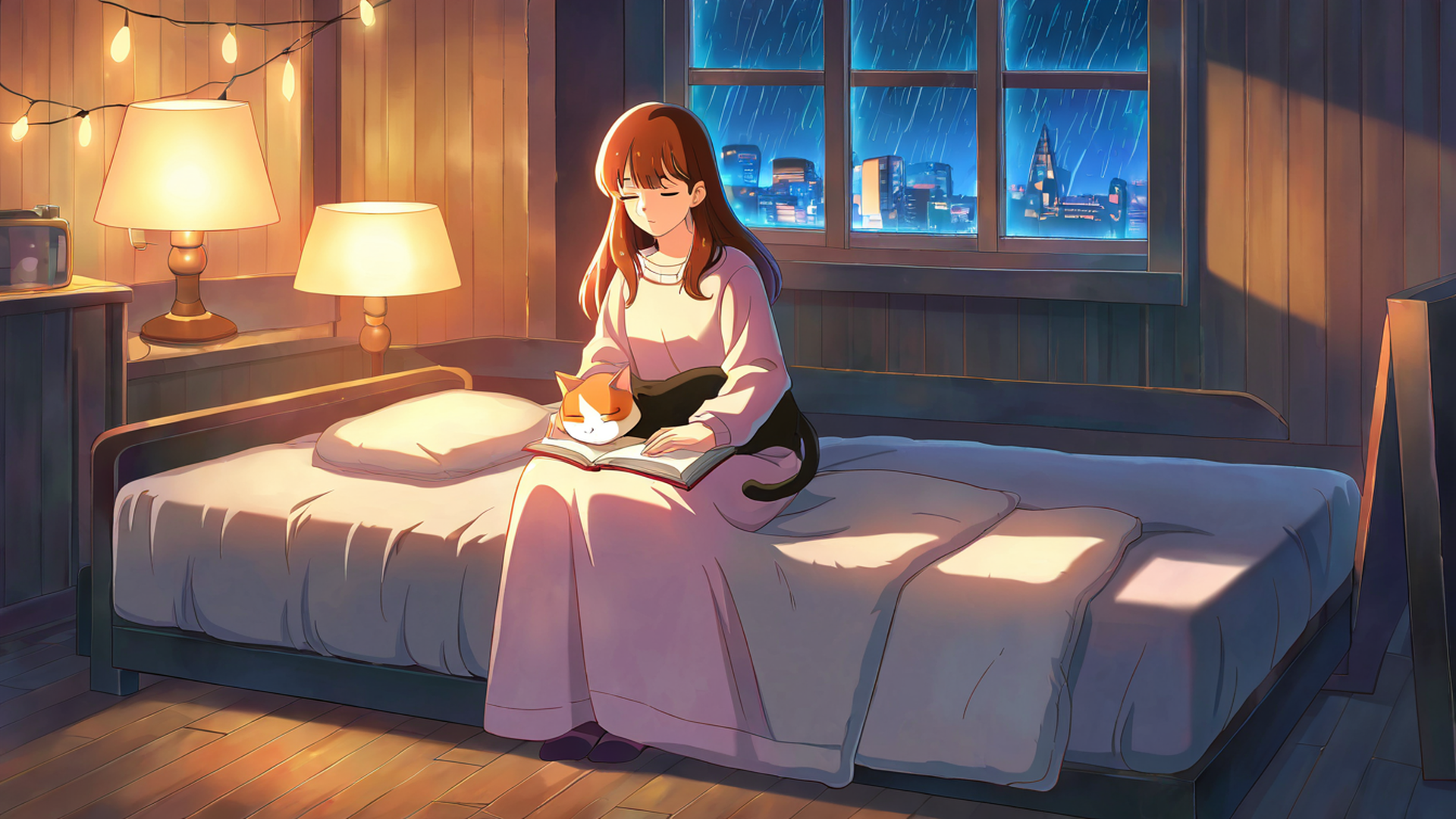girl with cat lamplight lofi wallpaper
