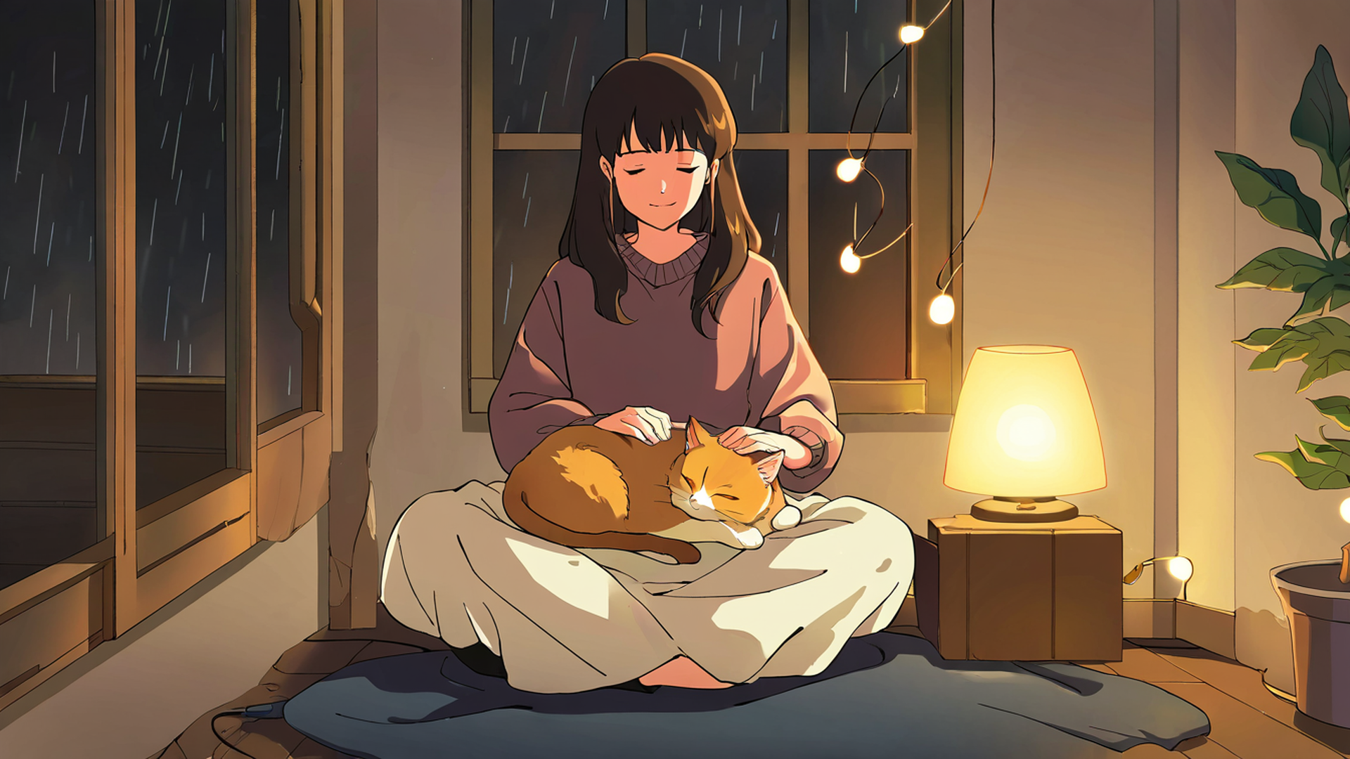 girl with cat lamplight lofi wallpaper