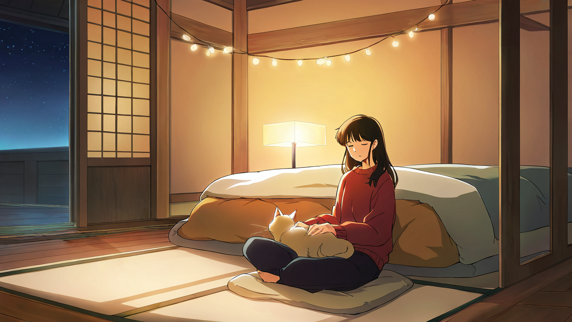 girl with cat lamplight lofi wallpaper