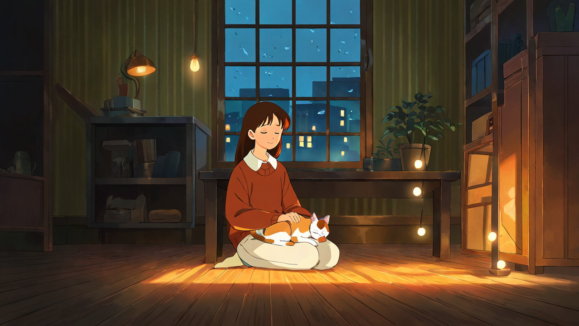 girl with cat lamplight lofi wallpaper