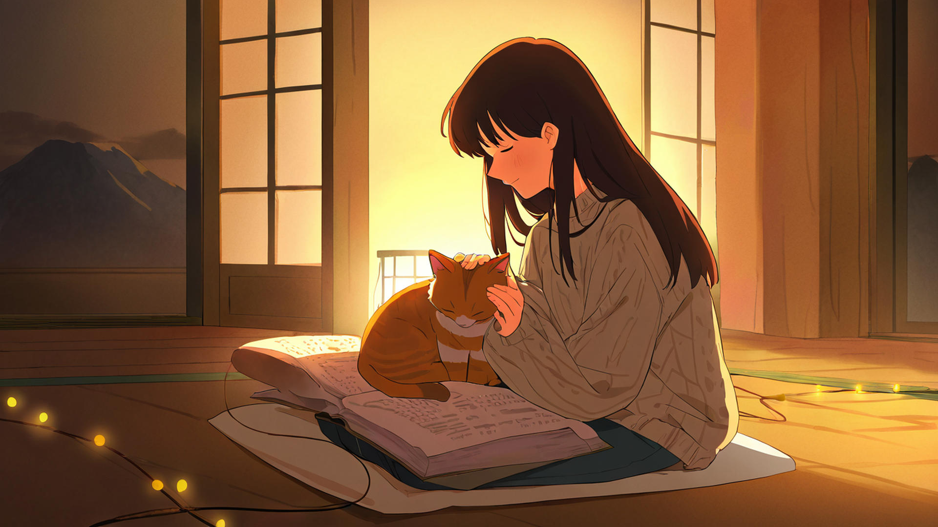 girl with cat lamplight lofi wallpaper
