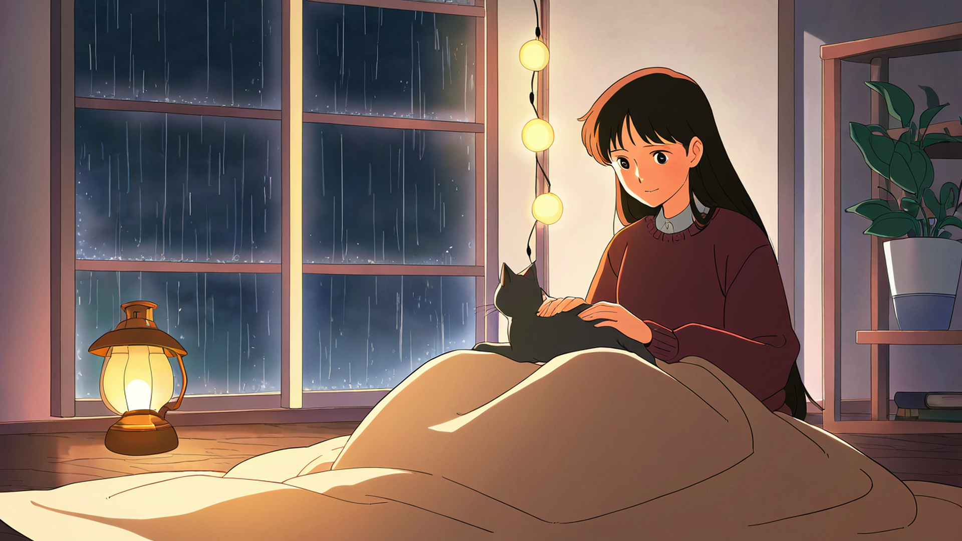 girl with cat lamplight lofi wallpaper