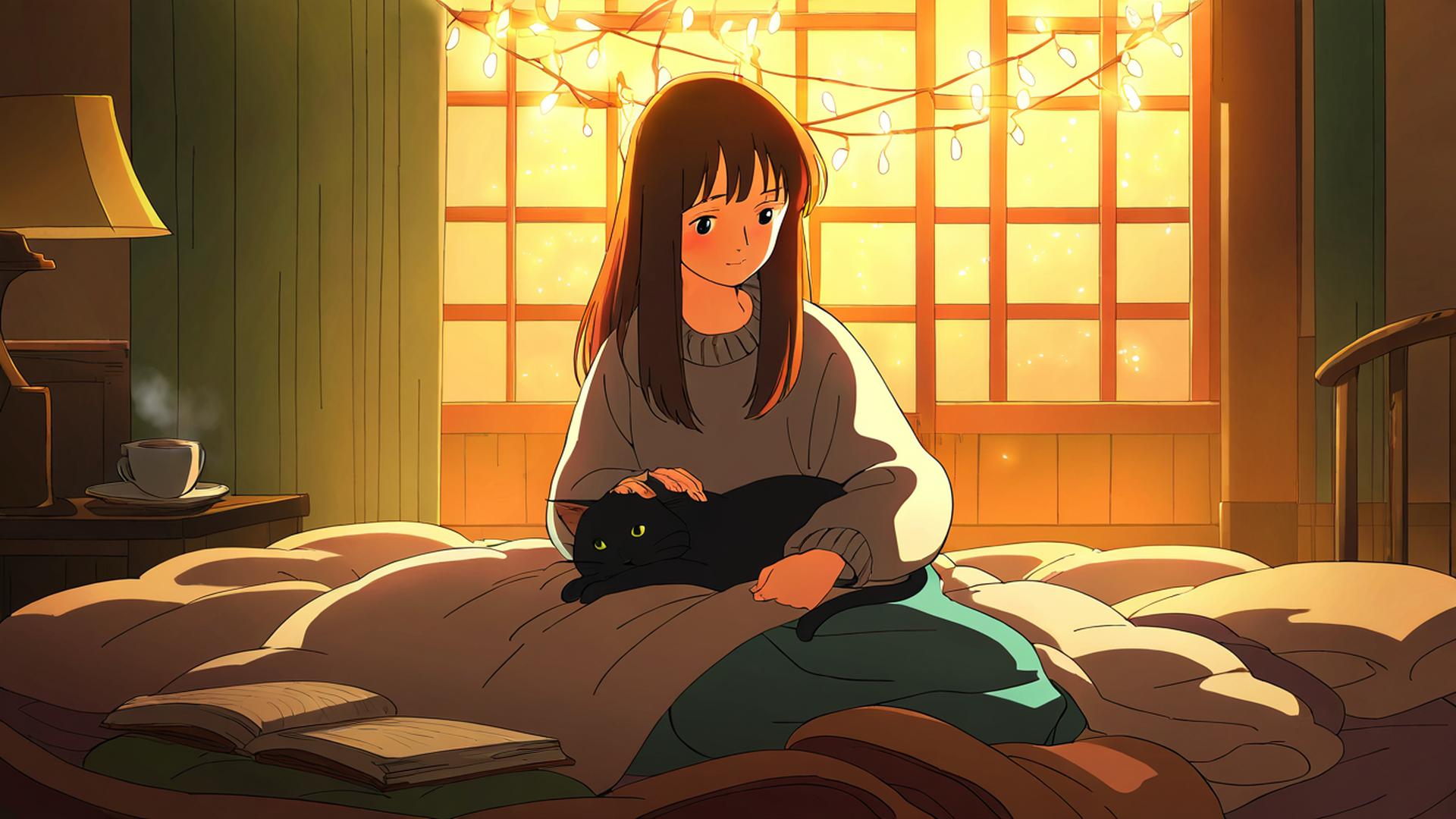 girl with cat lamplight lofi wallpaper