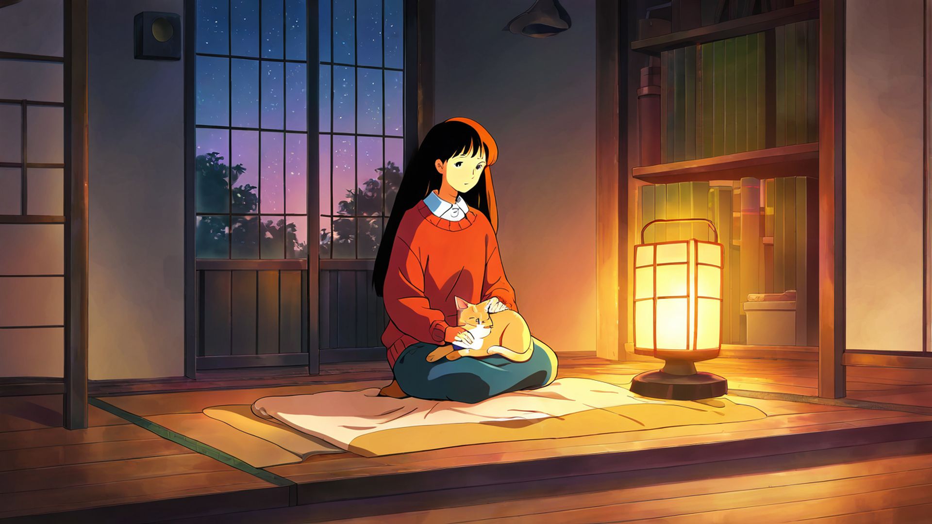 girl with cat lamplight lofi wallpaper