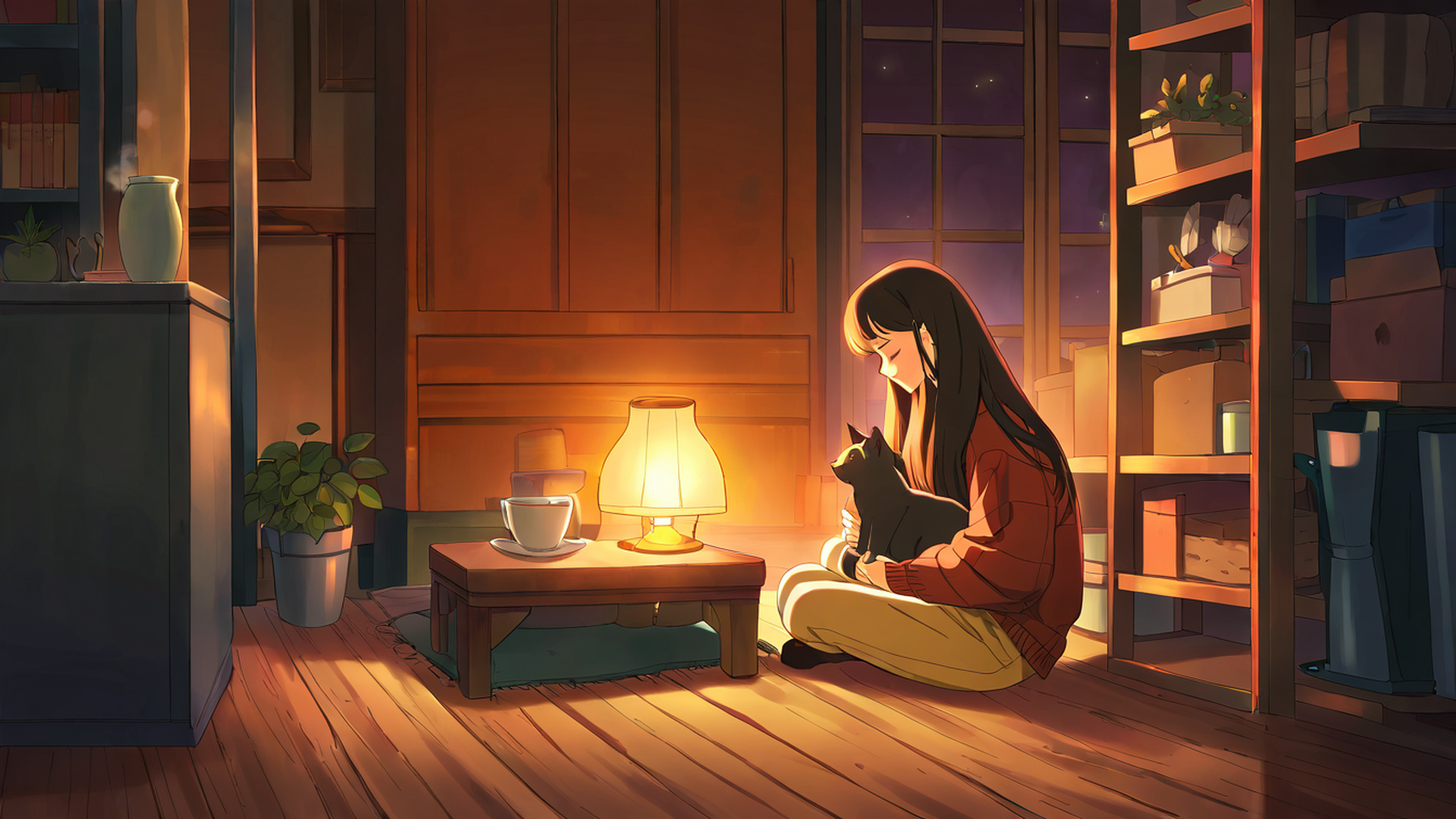 girl with cat lamplight lofi wallpaper