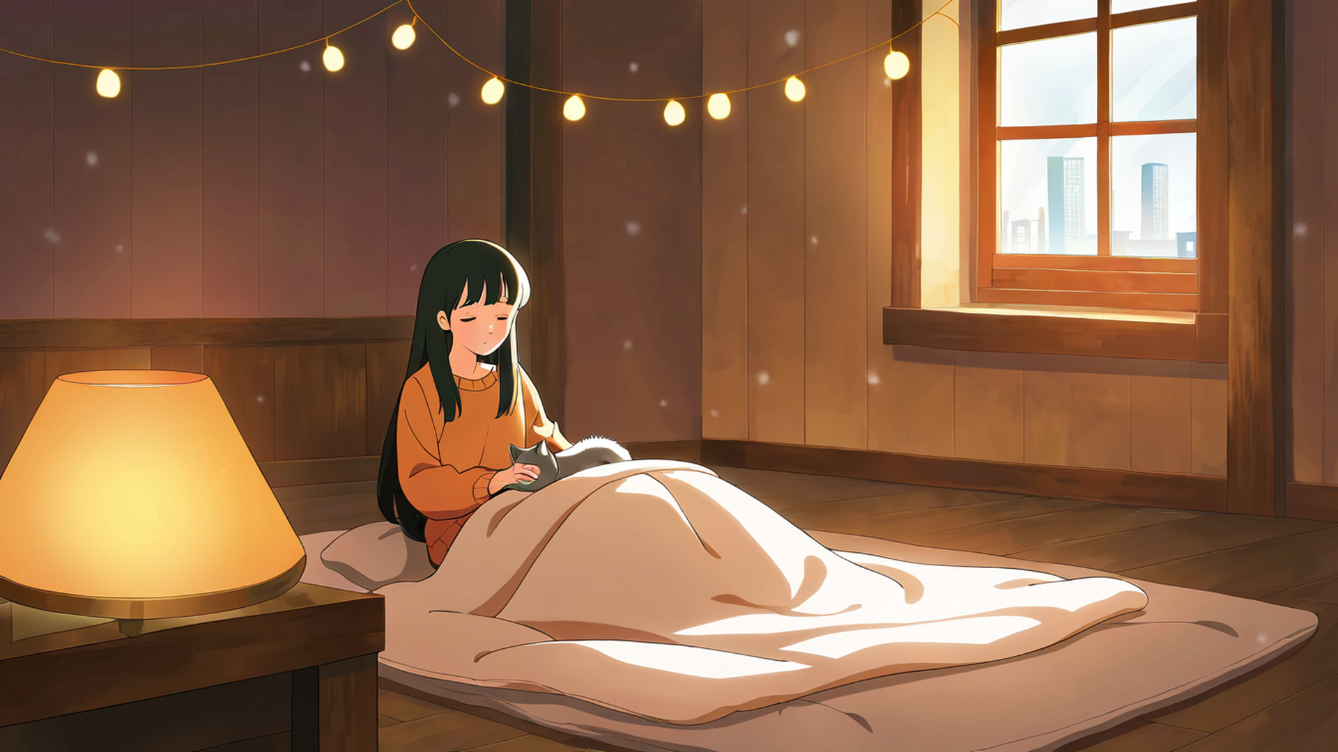 girl with cat lamplight lofi wallpaper