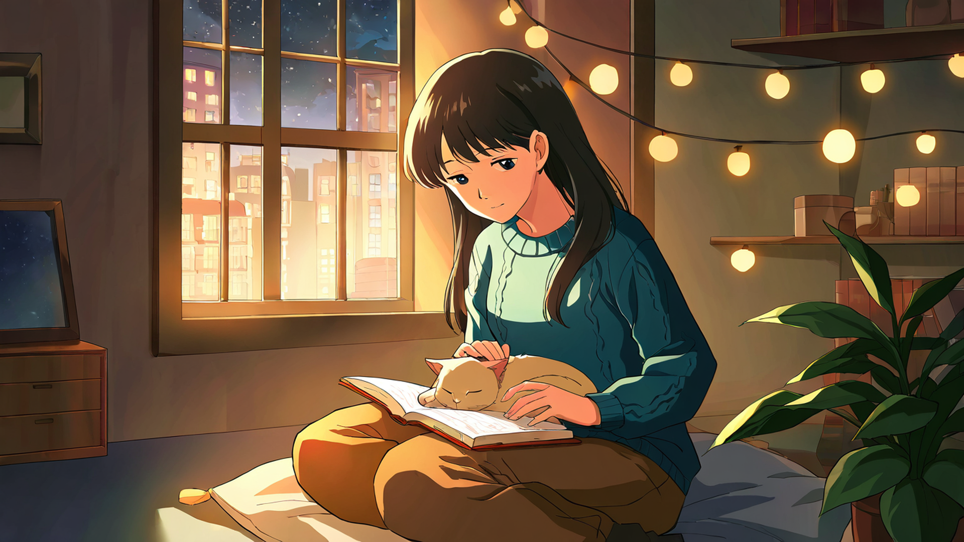girl with cat lamplight lofi wallpaper