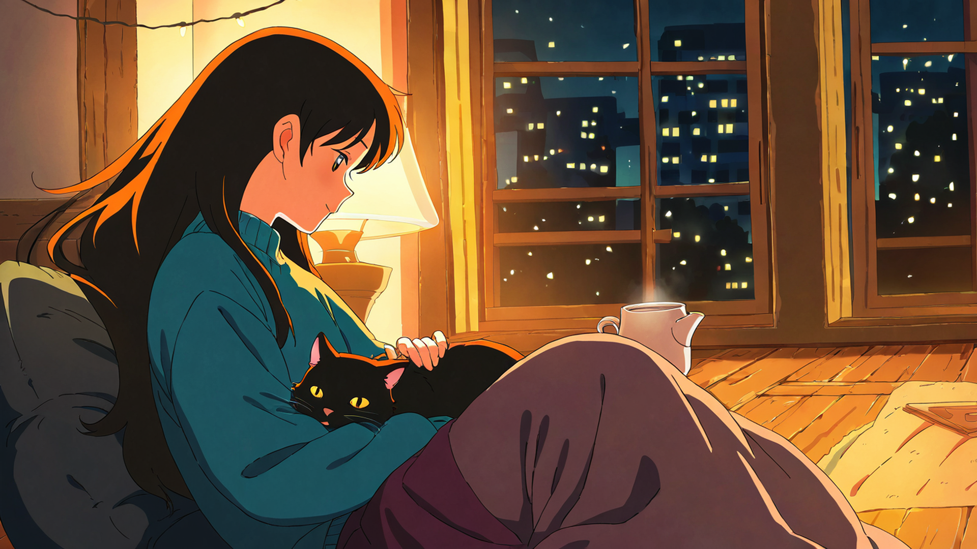 girl with cat lamplight lofi wallpaper