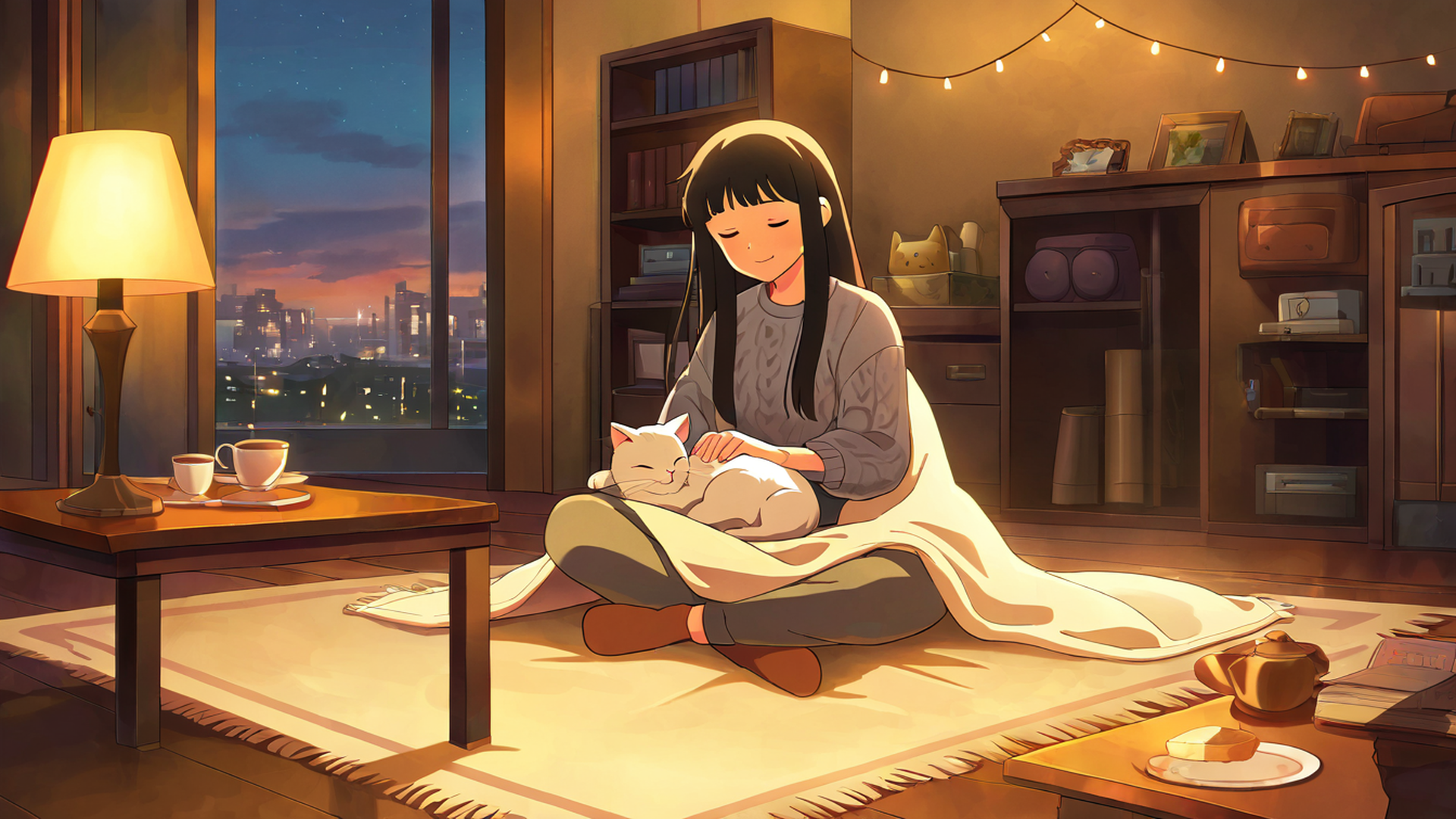 girl with cat lamplight lofi wallpaper