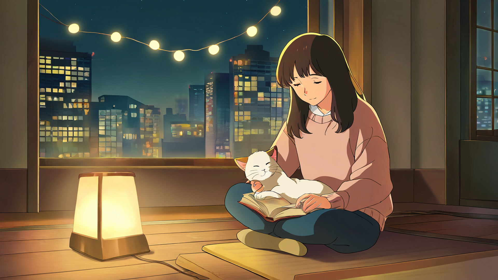 girl with cat lamplight lofi wallpaper