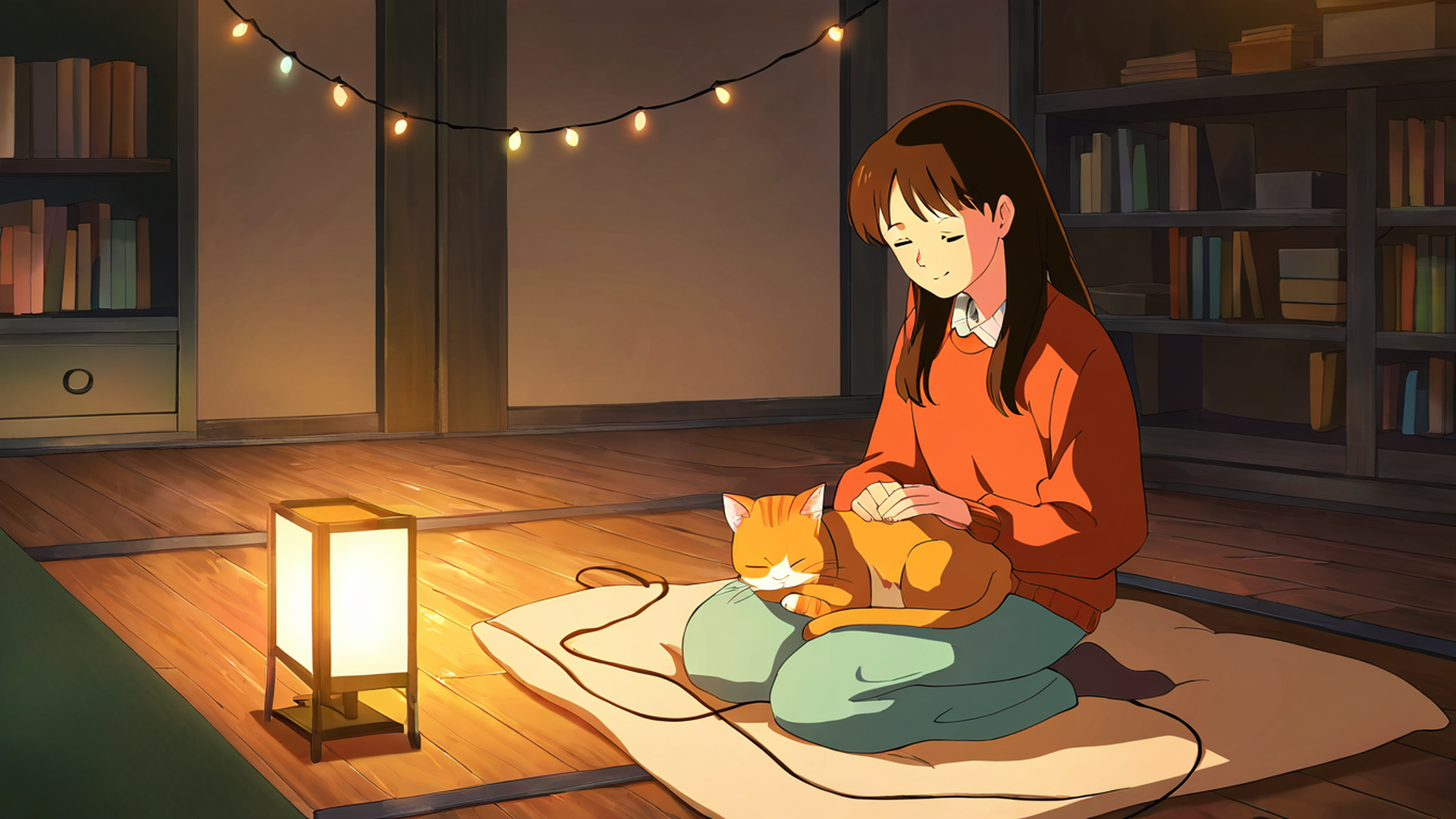 girl with cat lamplight lofi wallpaper