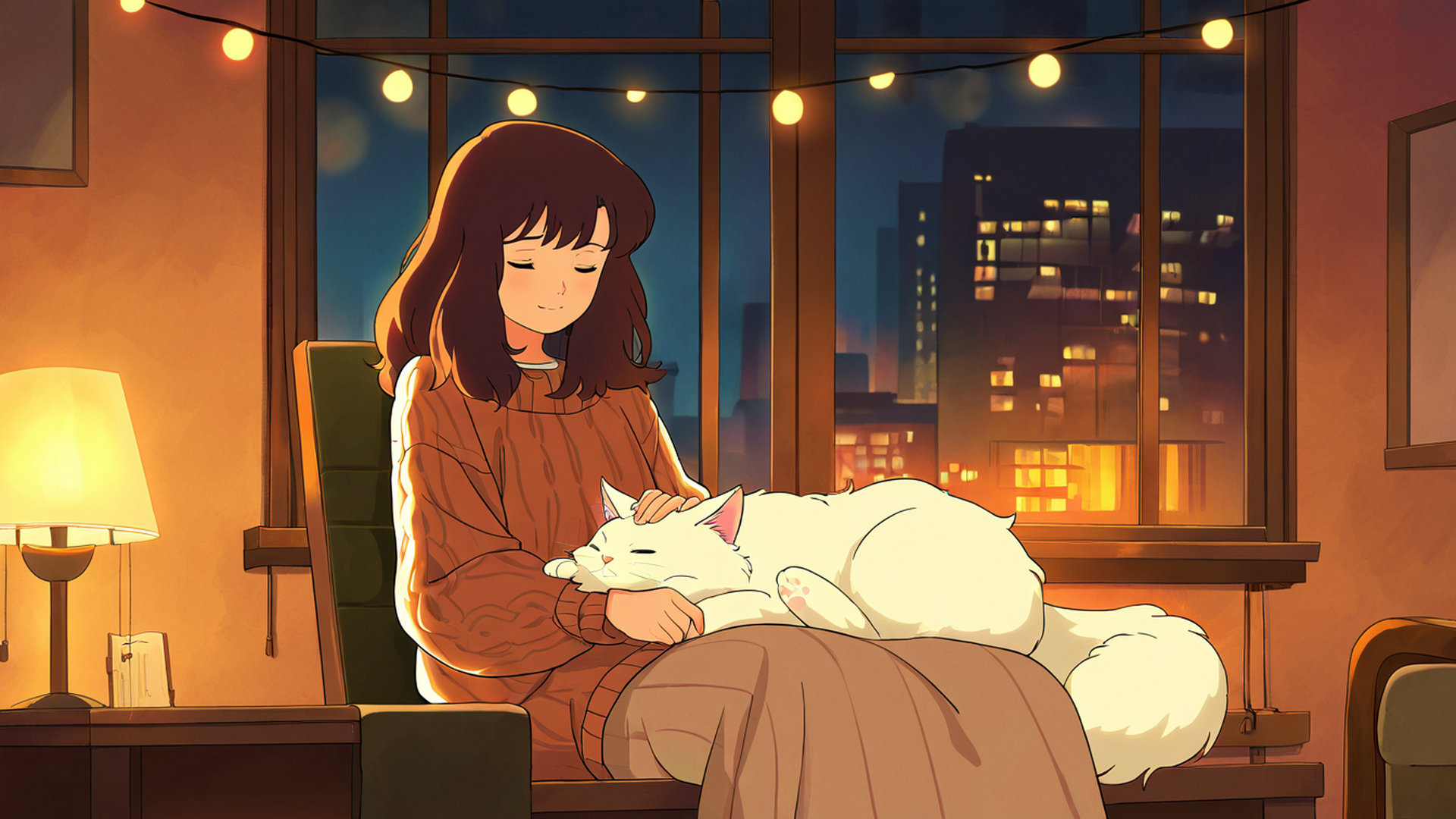 girl with cat lamplight lofi wallpaper