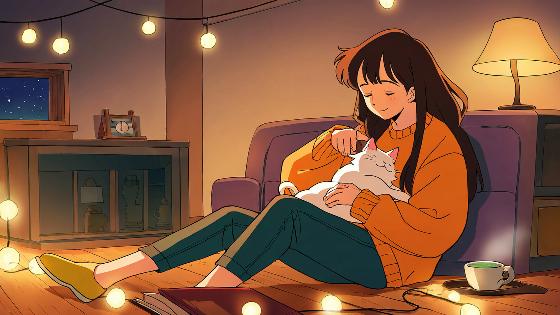 girl with cat lamplight lofi wallpaper