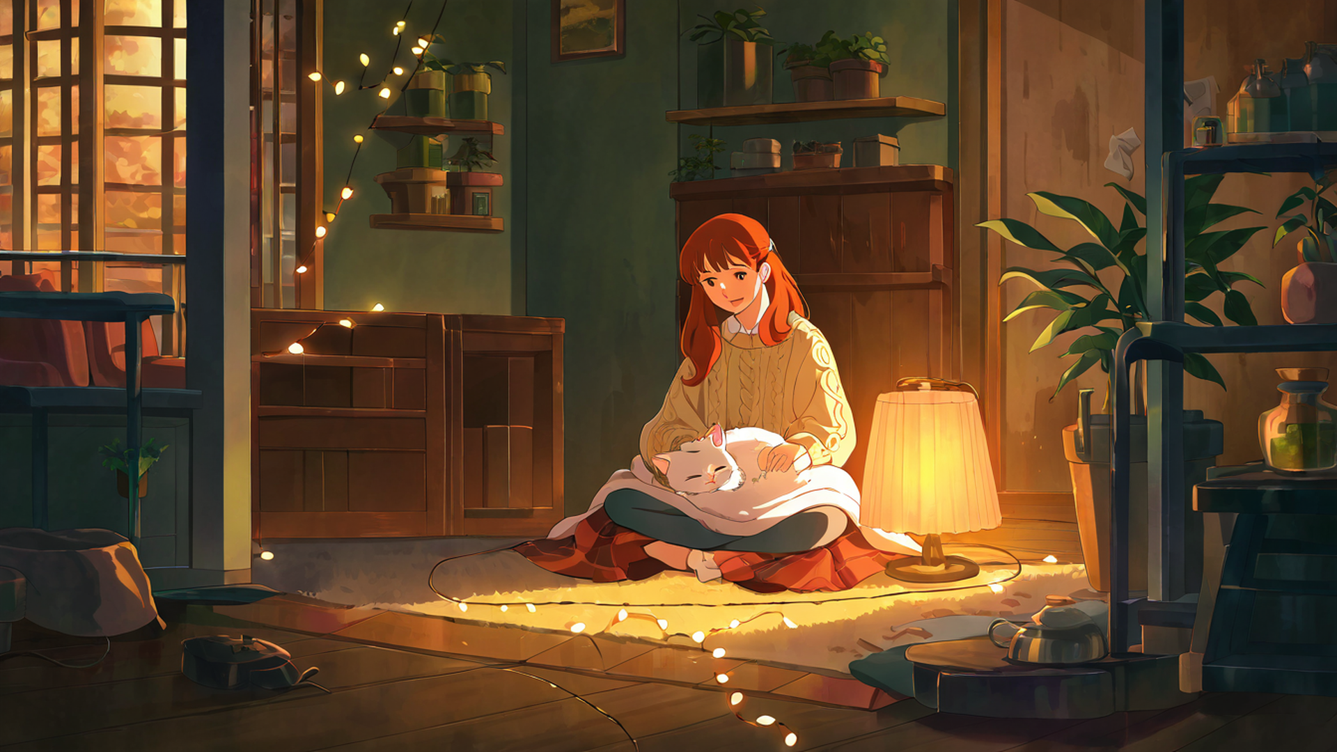 Girl With Cat Lamplight Girl With Cat Lamplight 0245444902 lofi anime wallpaper free download