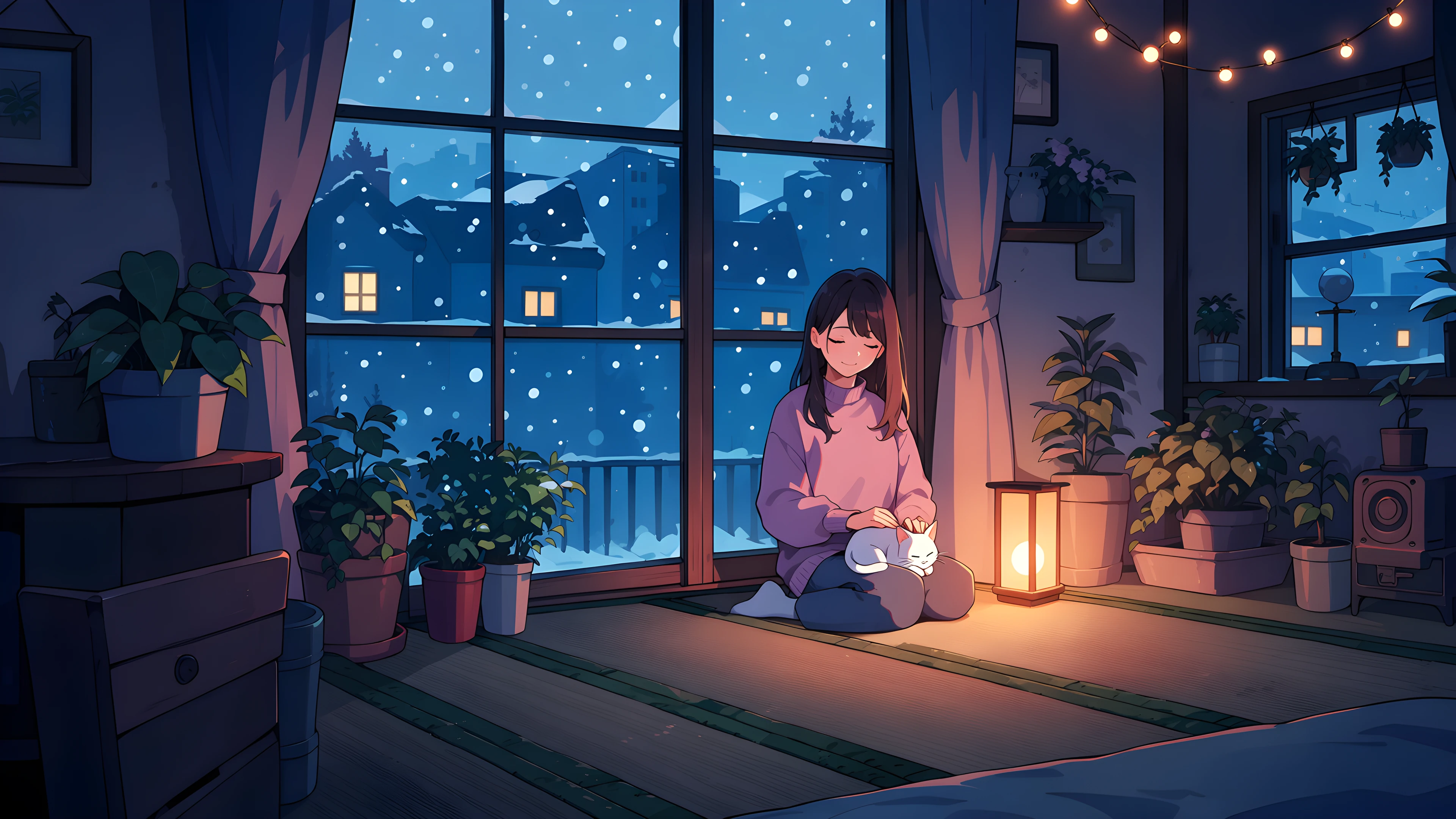 Girl With Cat Lamplight variant — Japanese aesthetic lofi wallpaper HD 4K Ultrawide