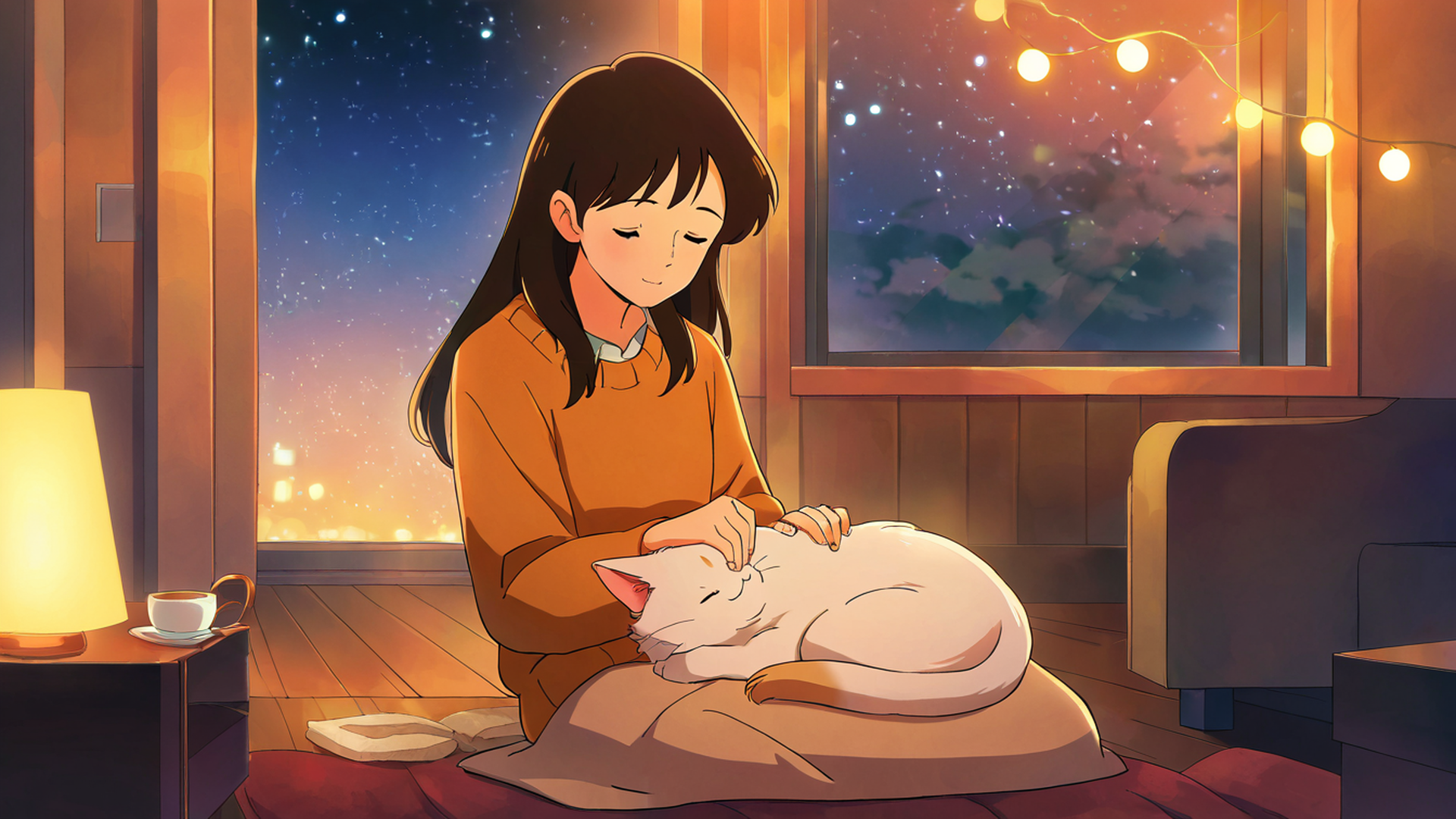 girl with cat lamplight lofi wallpaper