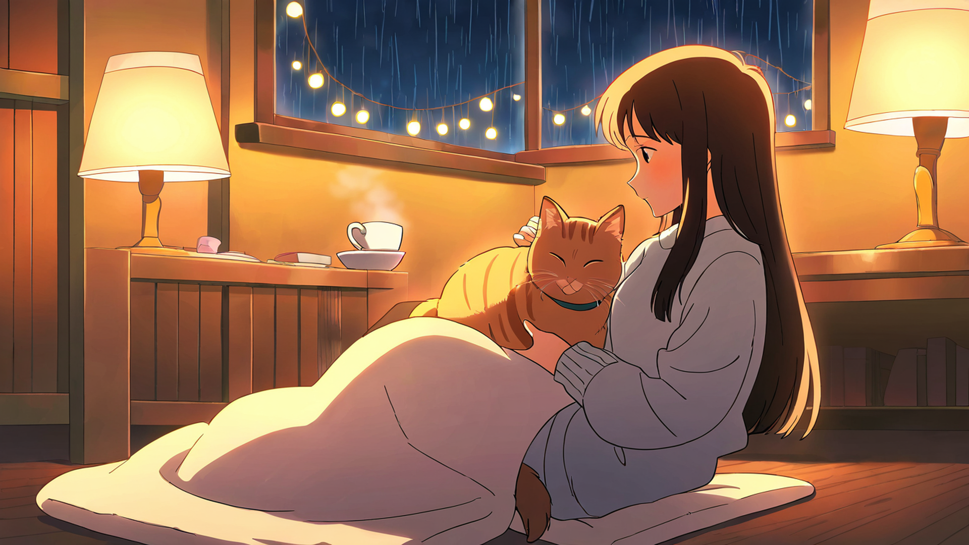 girl with cat lamplight lofi wallpaper