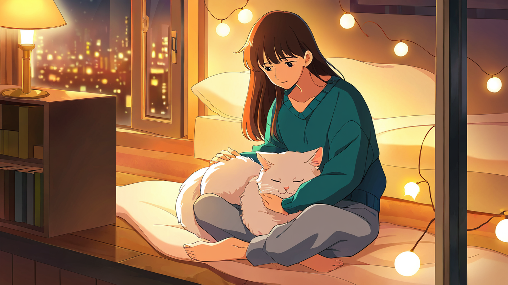 girl with cat lamplight lofi wallpaper