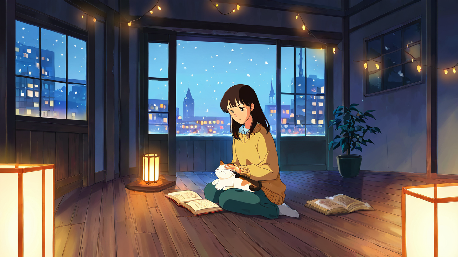 girl with cat lamplight lofi wallpaper