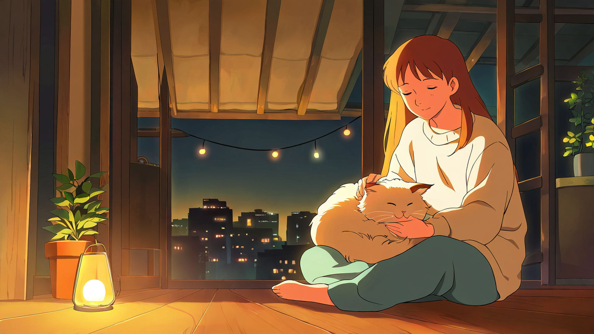 girl with cat lamplight lofi wallpaper