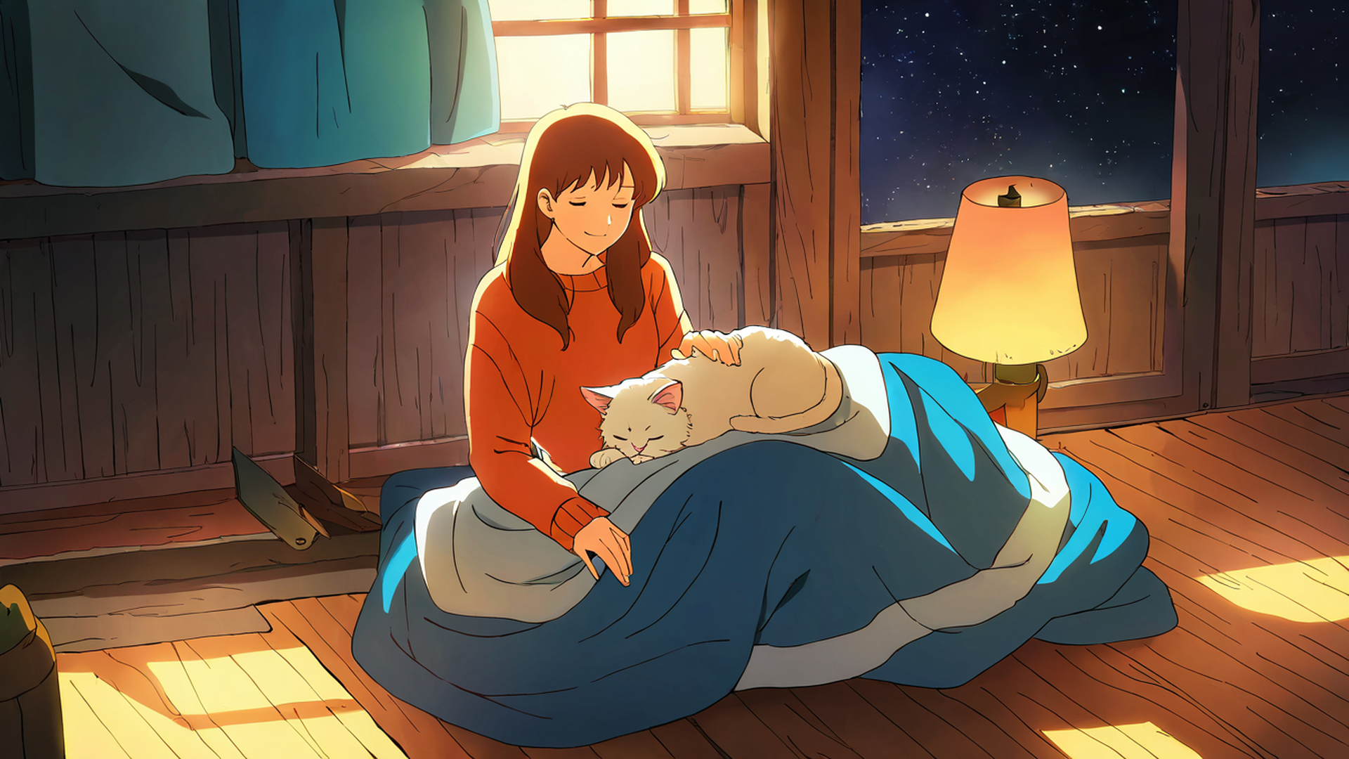 girl with cat lamplight lofi wallpaper