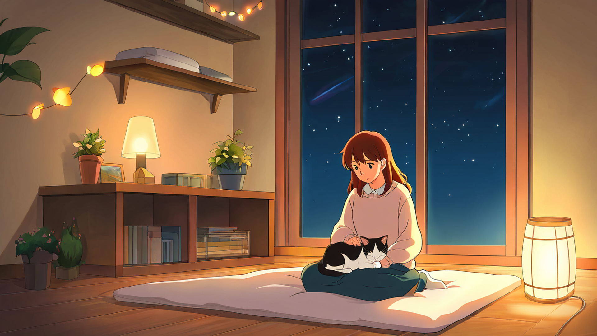 Girl With Cat Lamplight Girl With Cat Lamplight 0362668798 lofi anime wallpaper free download