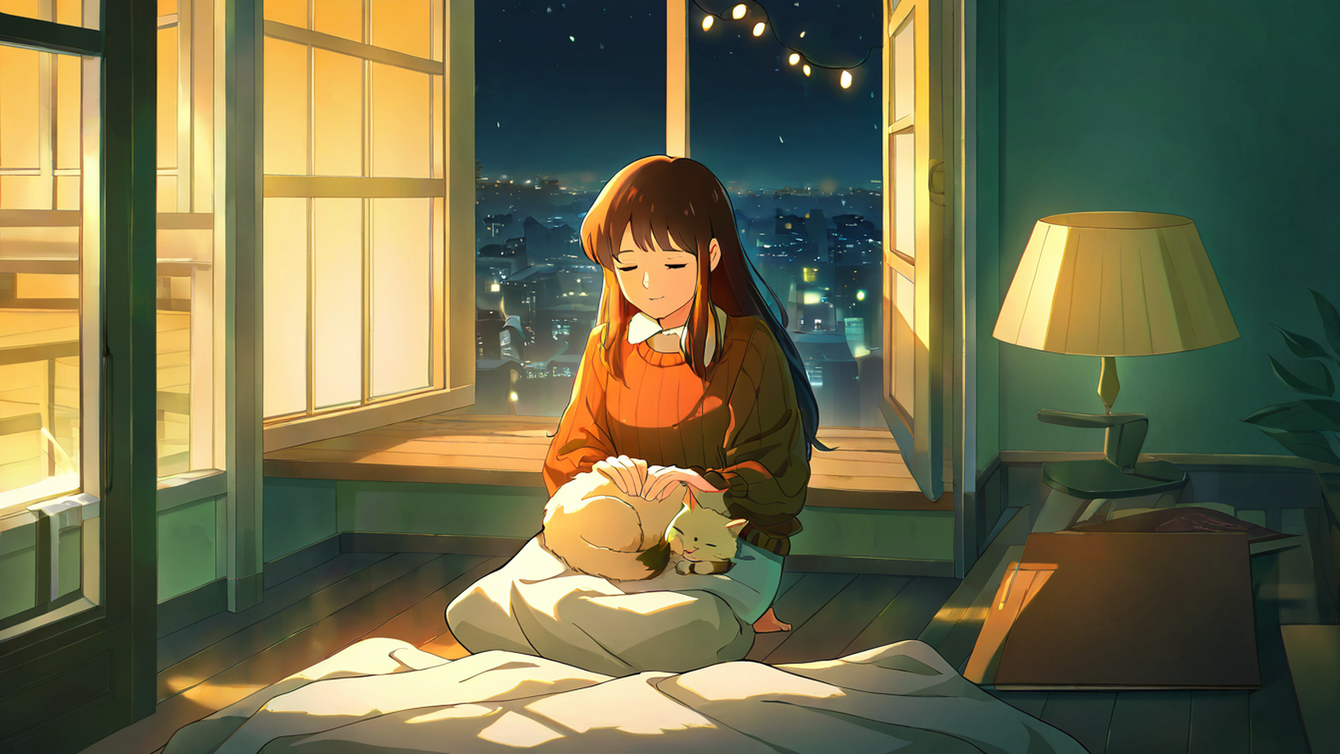 Girl With Cat Lamplight Girl With Cat Lamplight 0396189663 lofi anime wallpaper free download