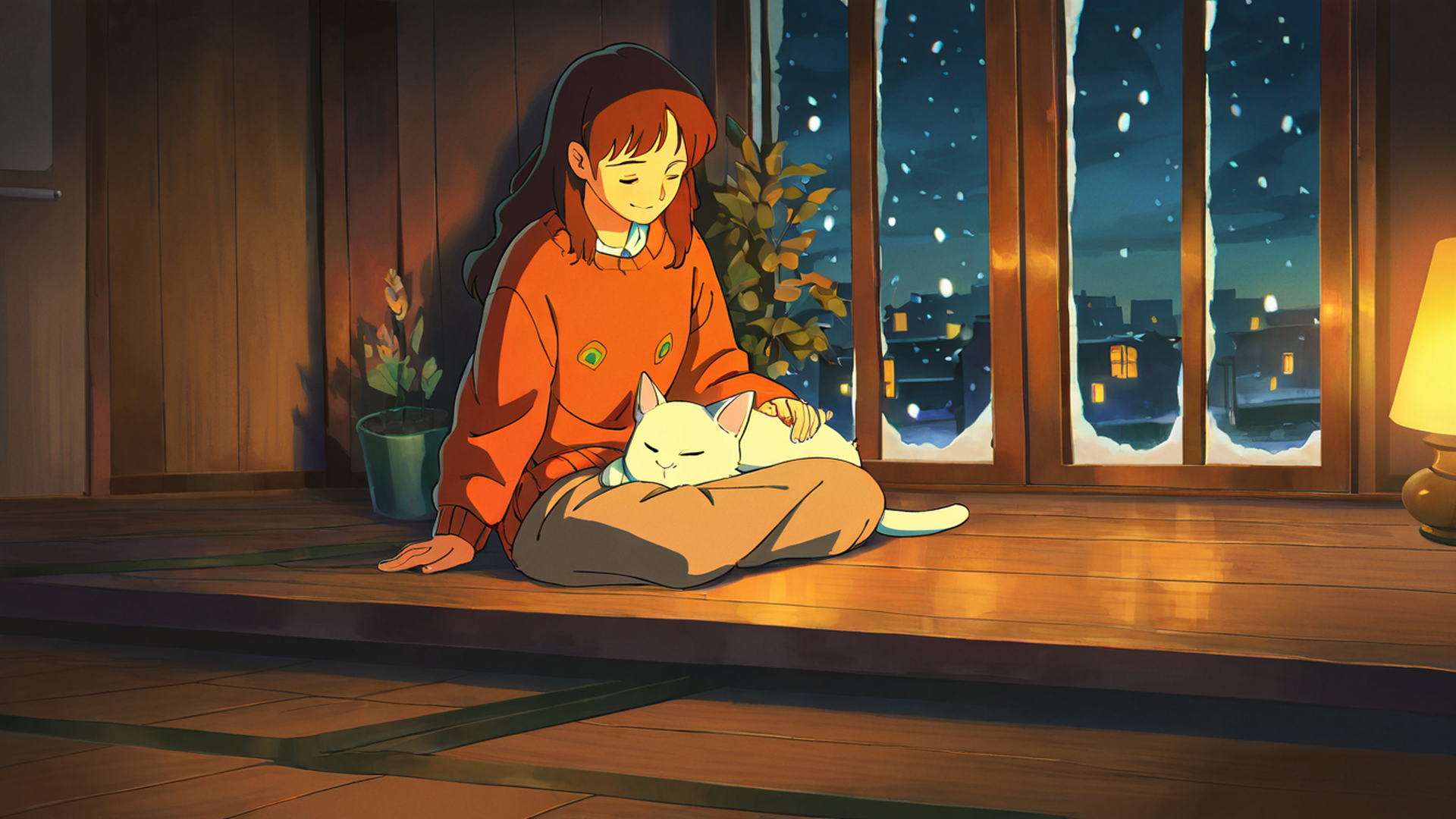 girl with cat lamplight lofi wallpaper