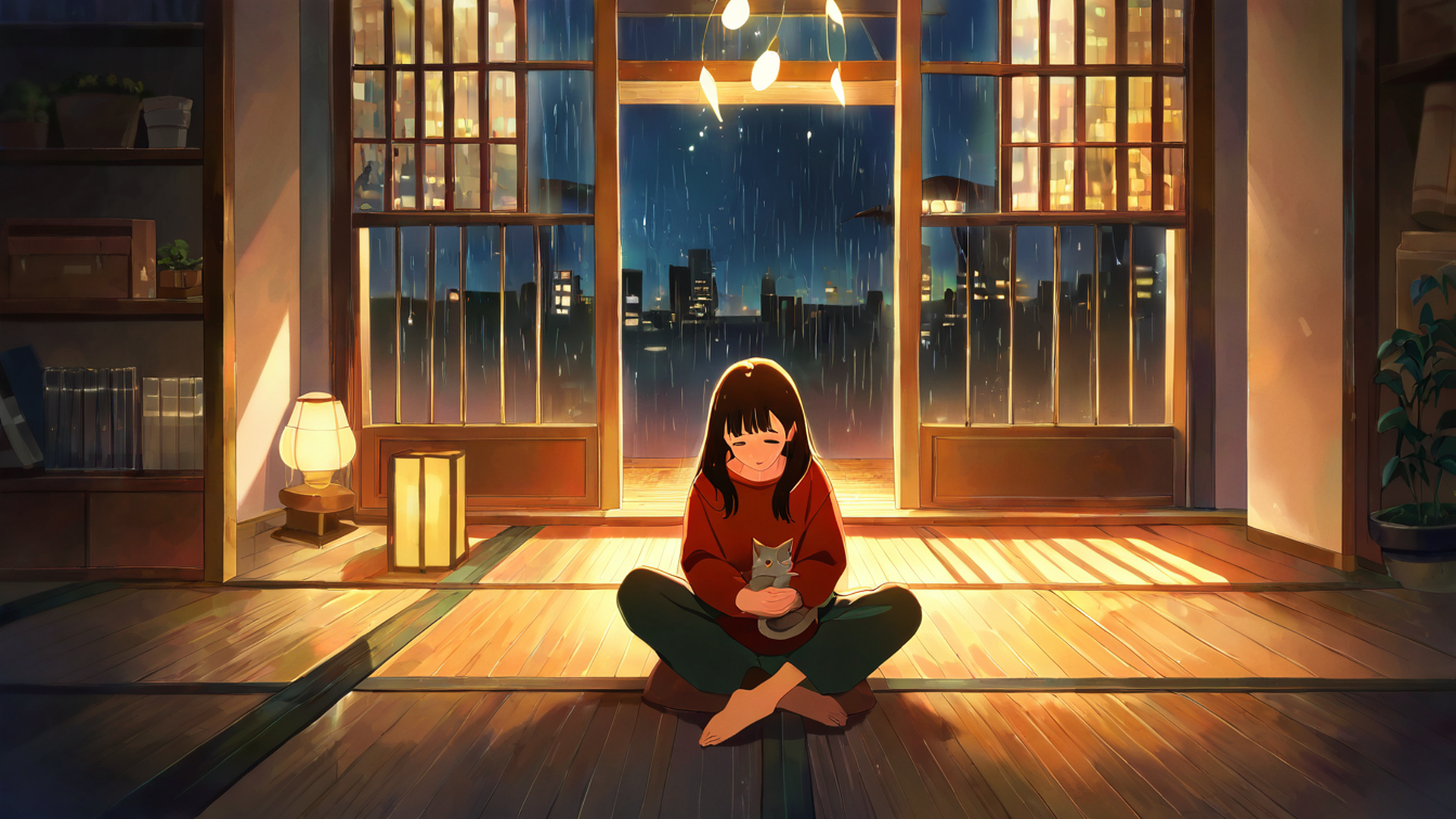 girl with cat lamplight lofi wallpaper