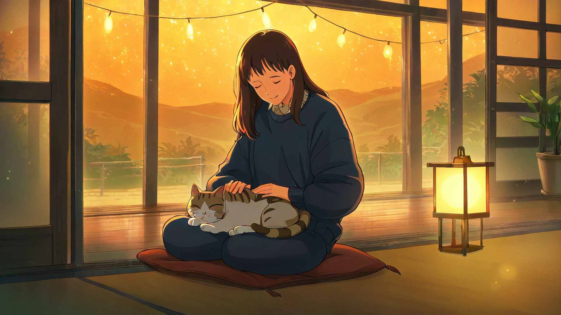 girl with cat lamplight lofi wallpaper