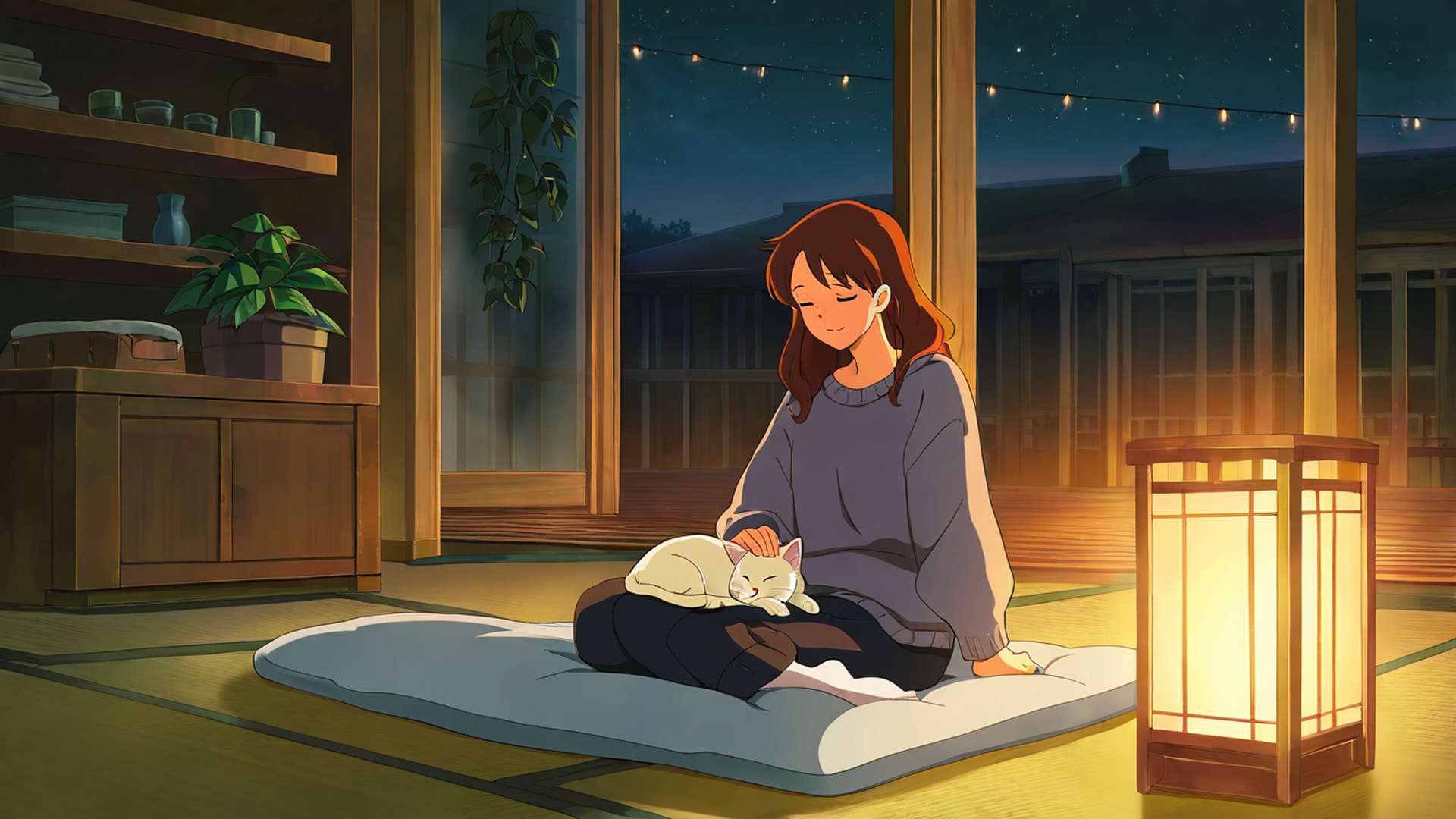 girl with cat lamplight lofi wallpaper