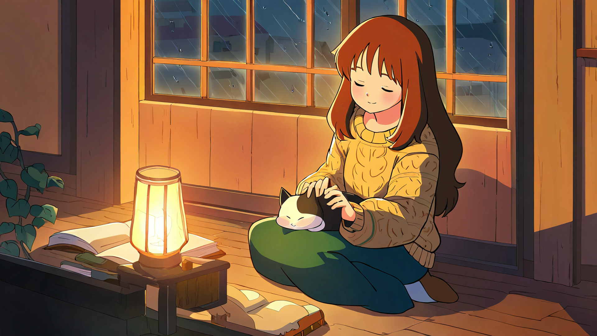 girl with cat lamplight lofi wallpaper