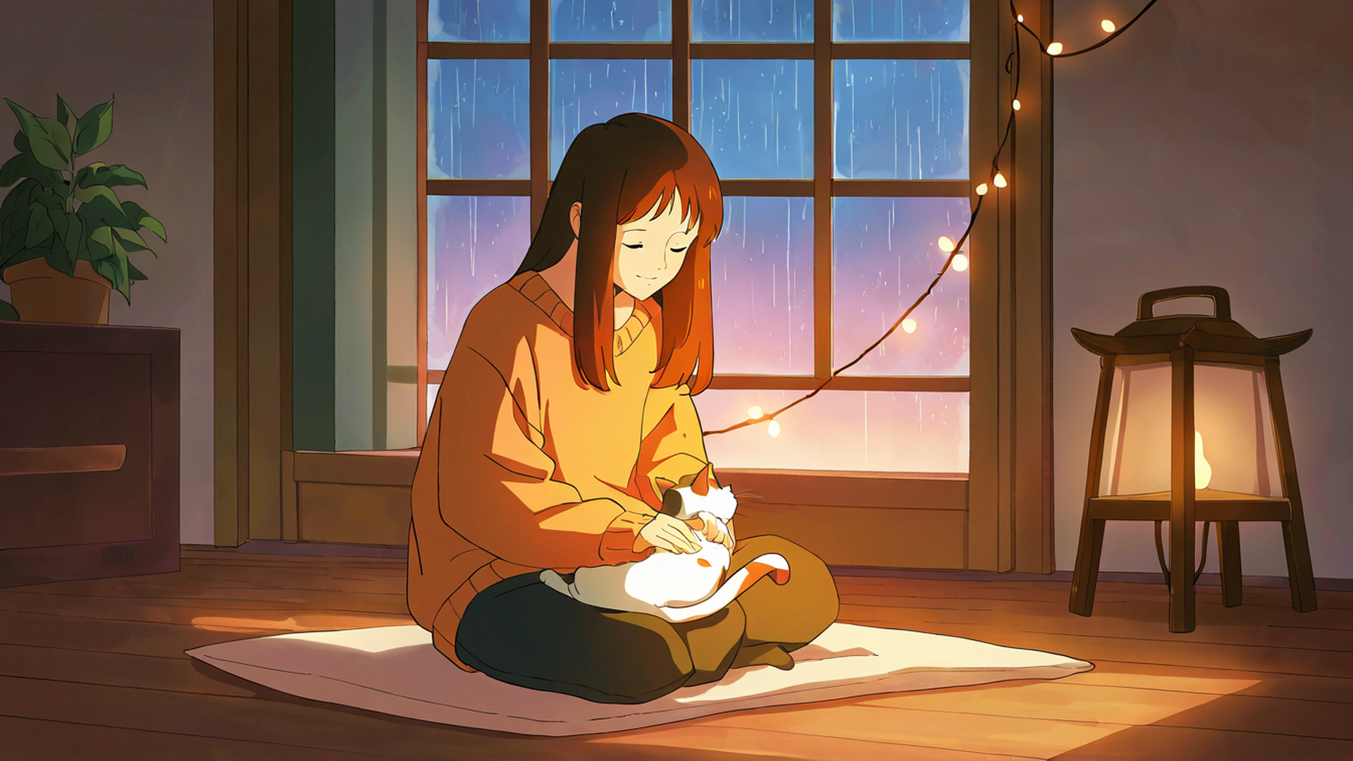 girl with cat lamplight lofi wallpaper