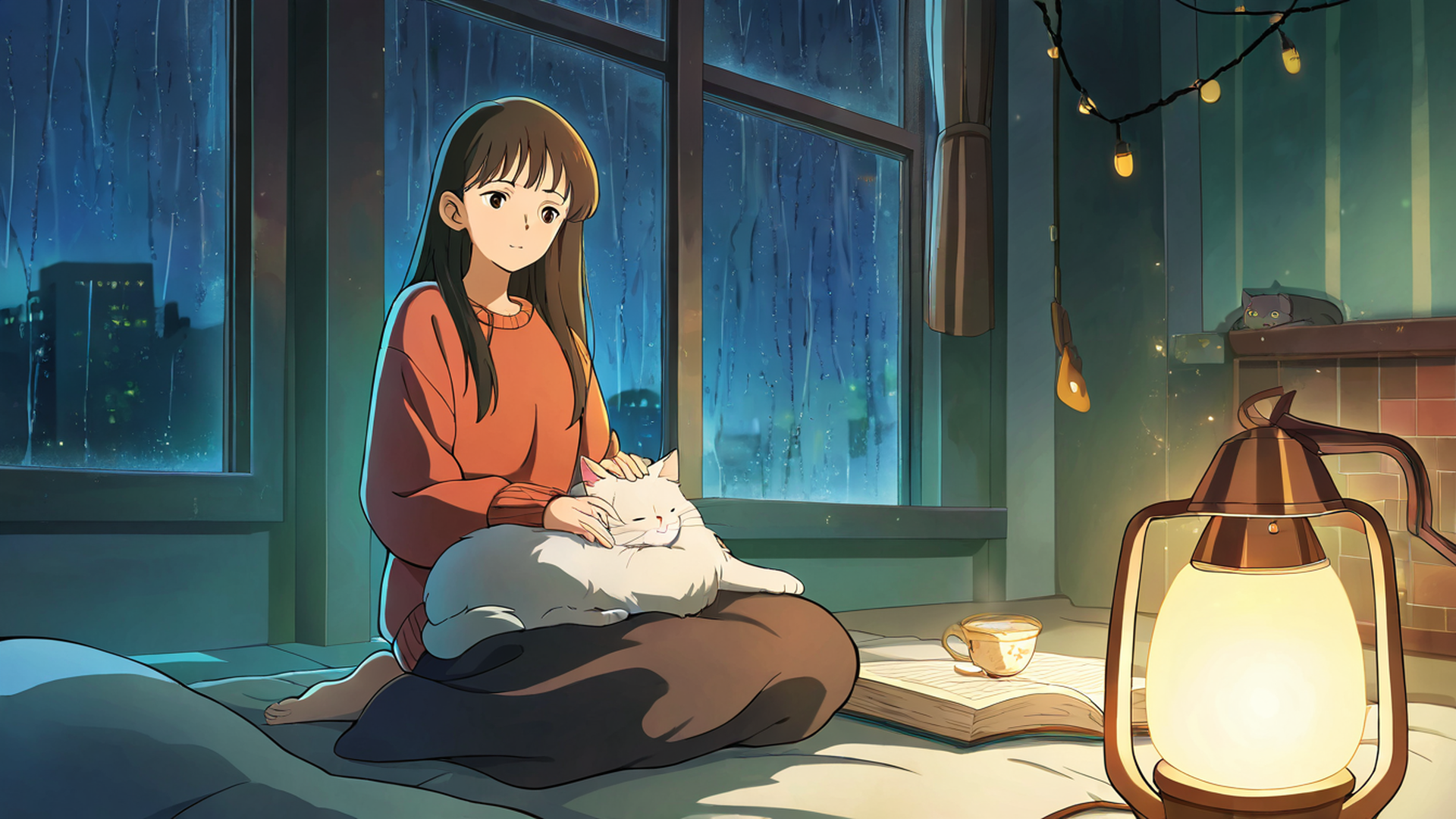 girl with cat lamplight lofi wallpaper
