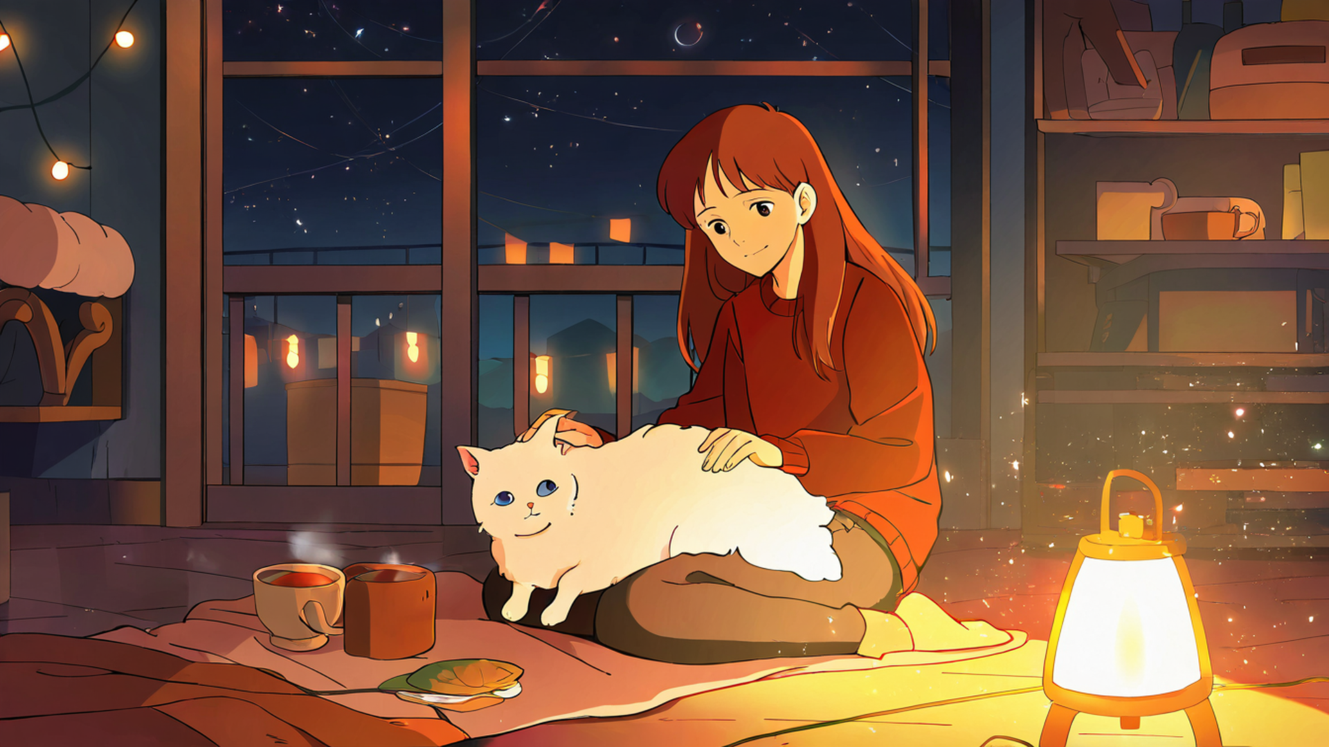 girl with cat lamplight lofi wallpaper