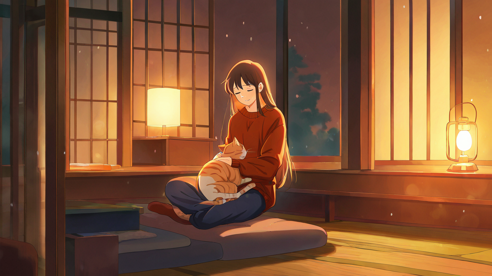 girl with cat lamplight lofi wallpaper