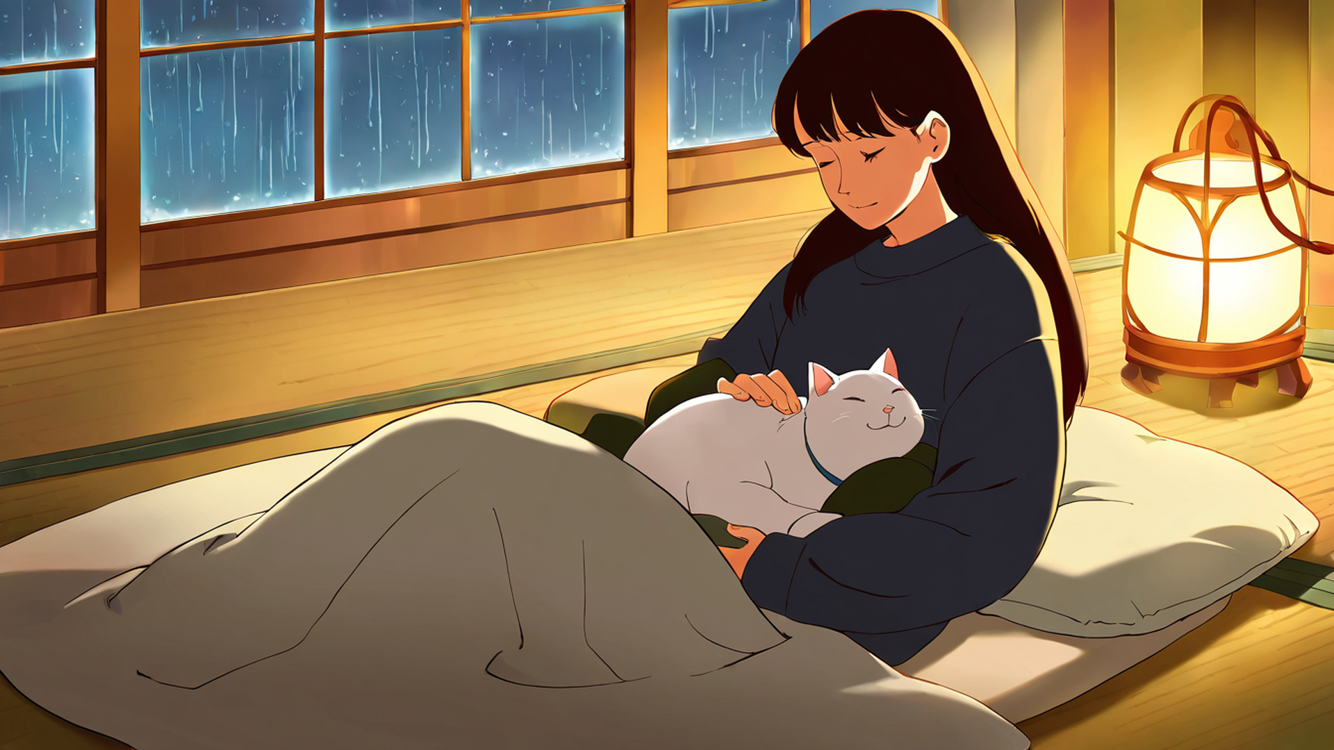 girl with cat lamplight lofi wallpaper
