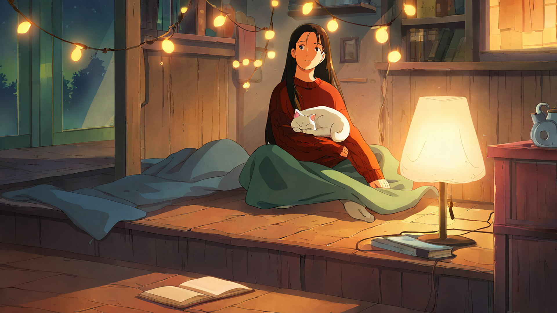 girl with cat lamplight lofi wallpaper