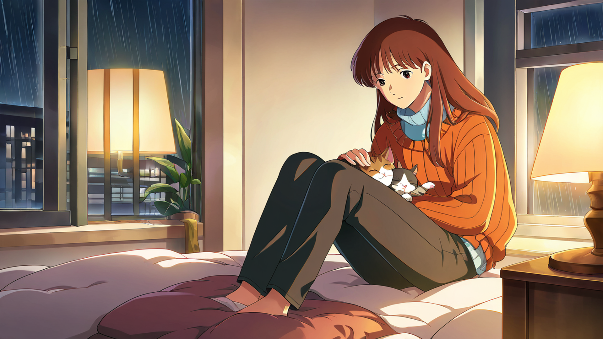 girl with cat lamplight lofi wallpaper