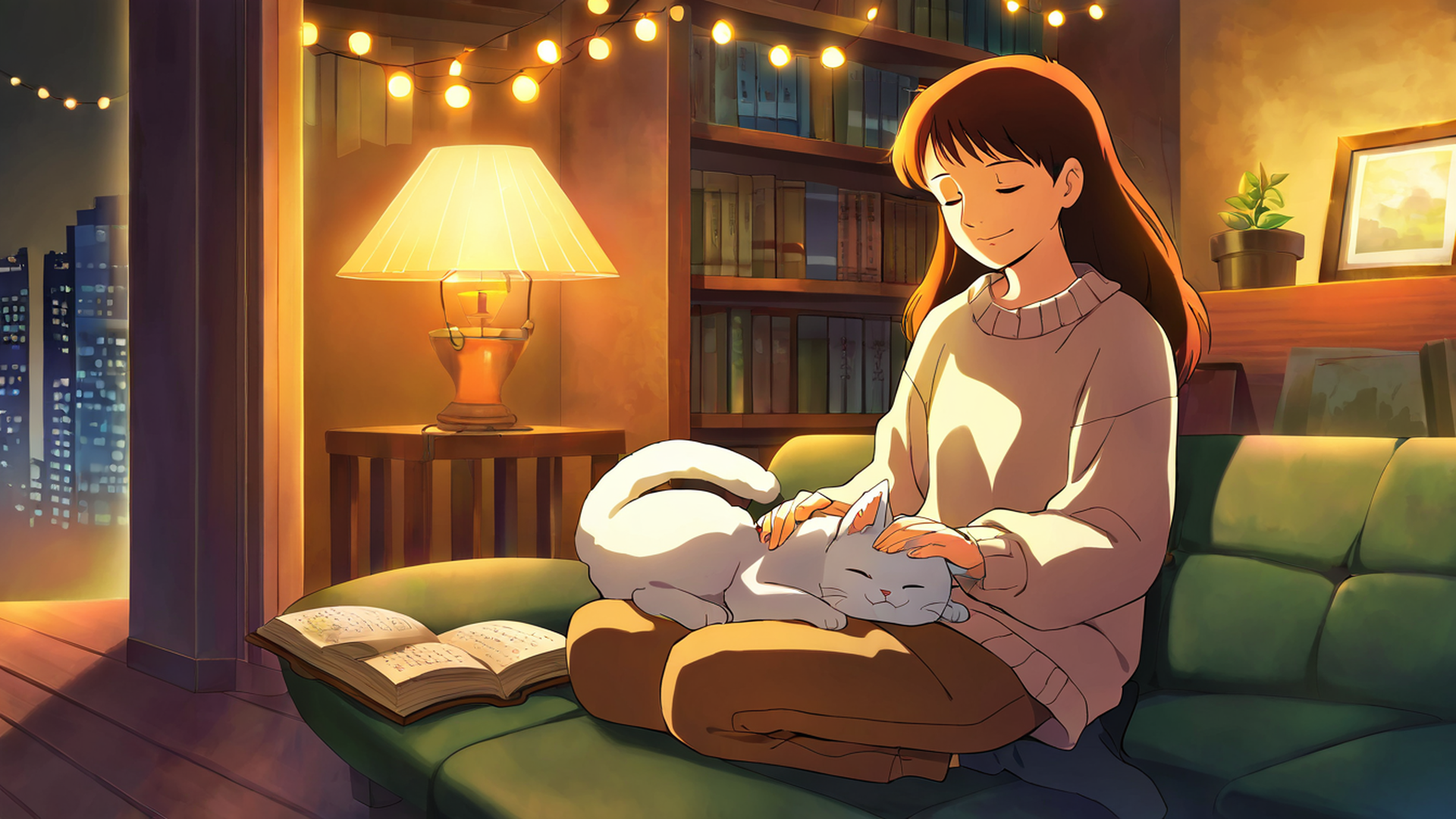 girl with cat lamplight lofi wallpaper