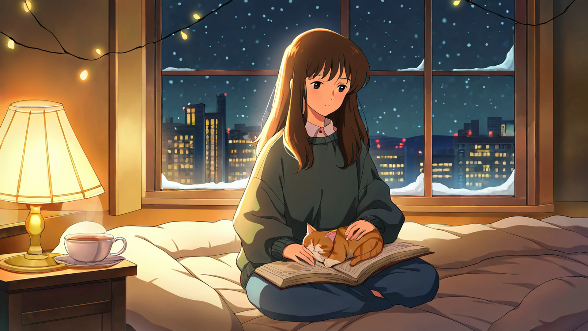 girl with cat lamplight lofi wallpaper