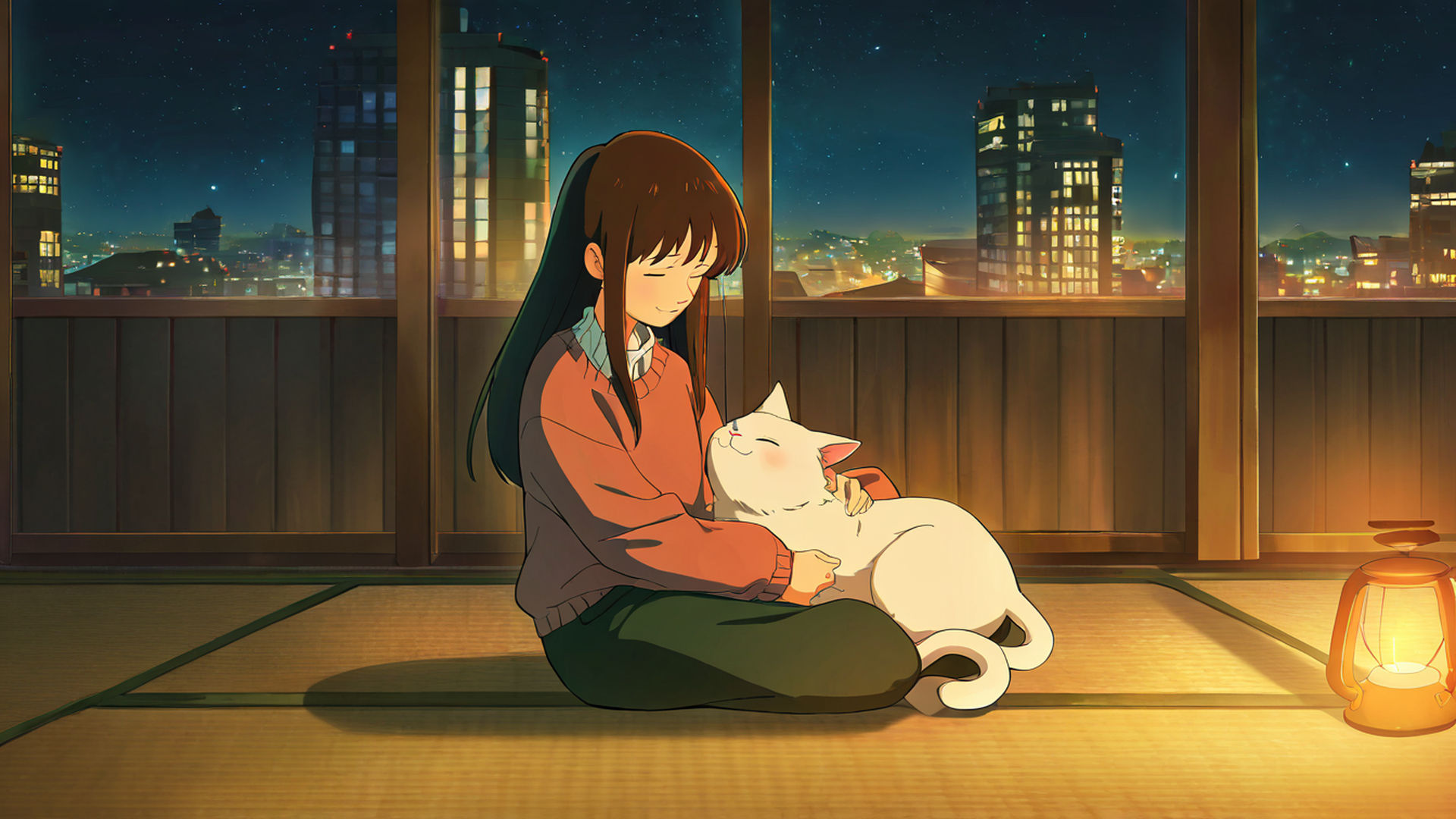 girl with cat lamplight lofi wallpaper