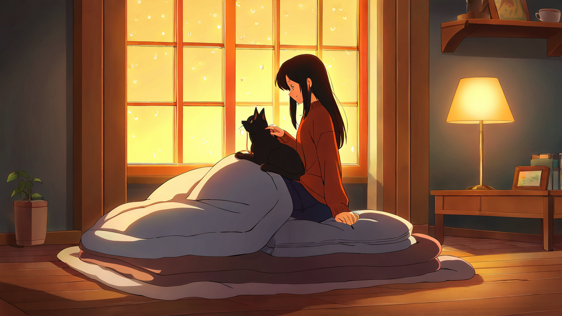 girl with cat lamplight lofi wallpaper