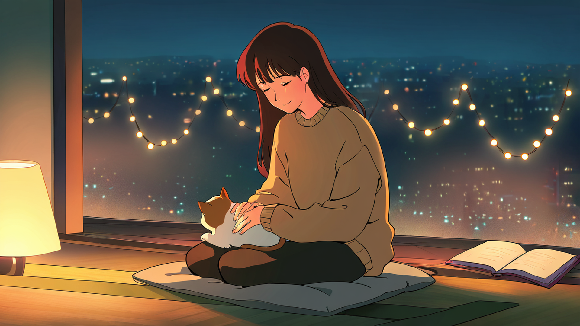 girl with cat lamplight lofi wallpaper