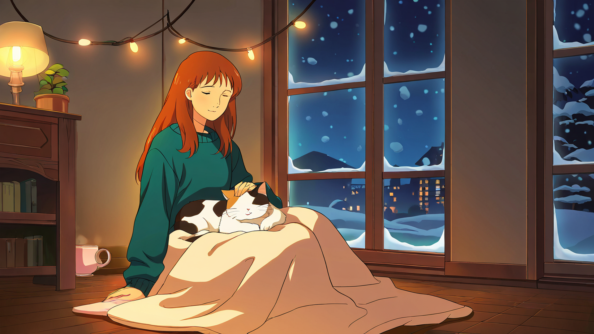 girl with cat lamplight lofi wallpaper