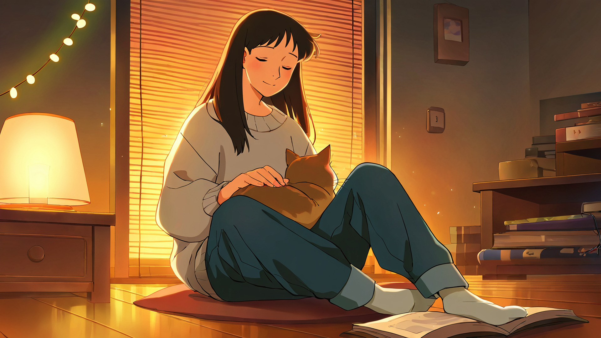 girl with cat lamplight lofi wallpaper