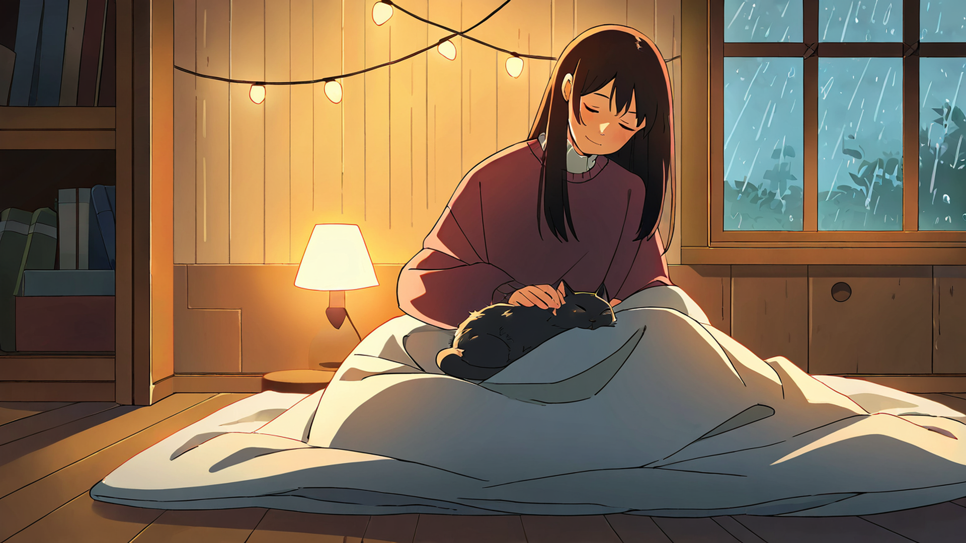 Girl With Cat Lamplight Girl With Cat Lamplight 0621740023 lofi anime wallpaper free download