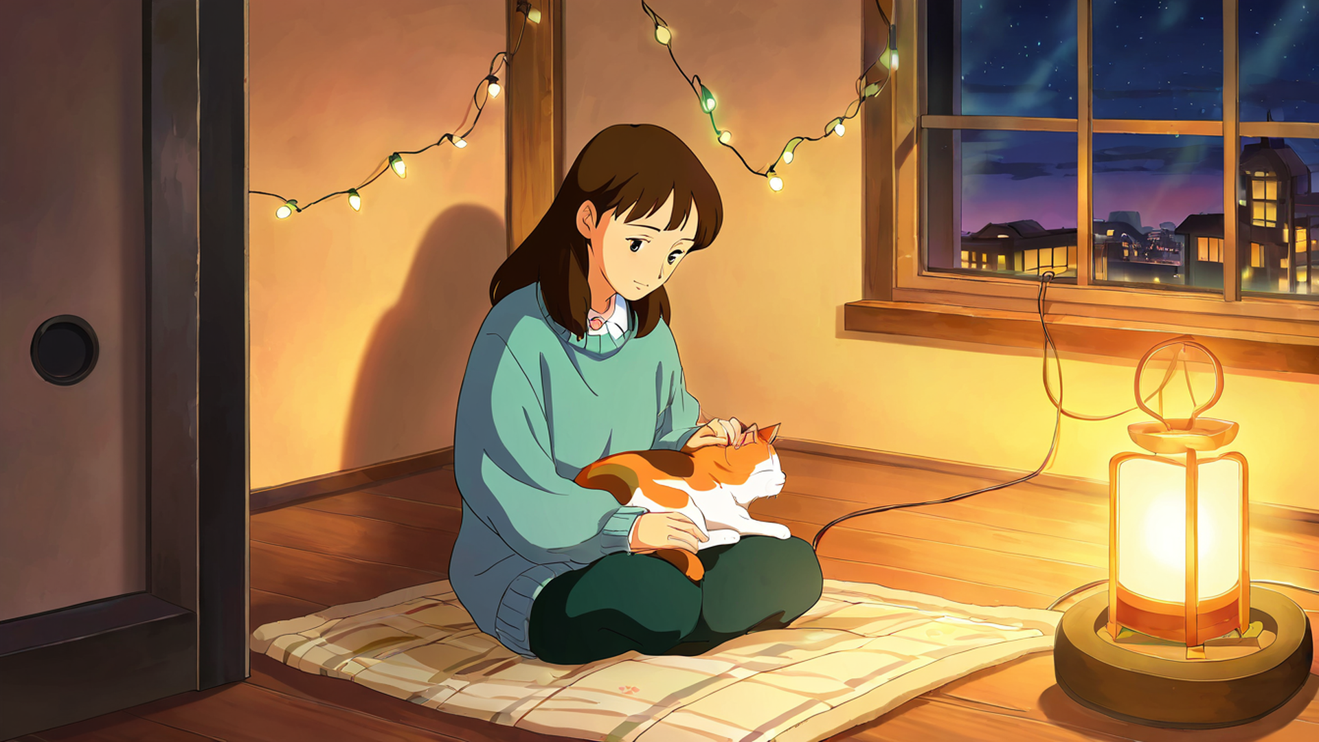 girl with cat lamplight lofi wallpaper